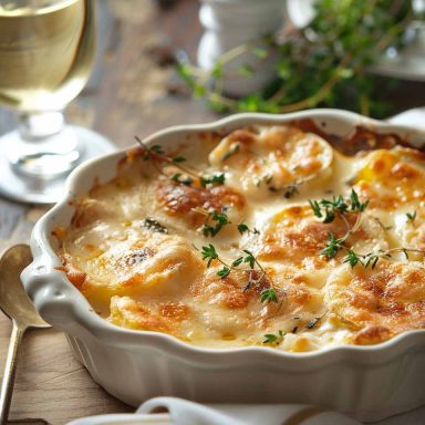 Cheesy scalloped potatoes baked golden brown in a casserole dish