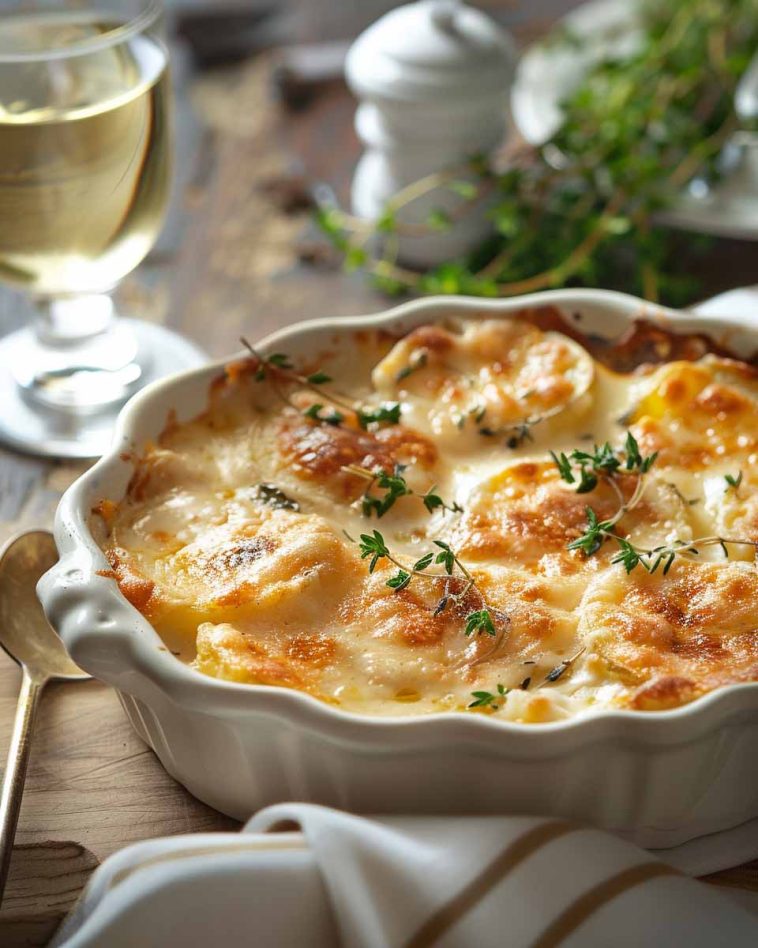Cheesy scalloped potatoes baked golden brown in a casserole dish
