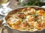 Cheesy scalloped potatoes baked golden brown in a casserole dish