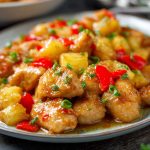 Brown sugar pineapple chicken baked with juicy pineapple chunks, caramelized glaze, and garnished with fresh herbs.