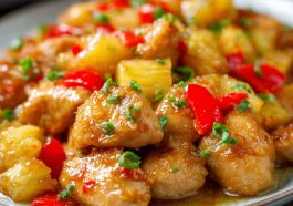 Brown sugar pineapple chicken baked with juicy pineapple chunks, caramelized glaze, and garnished with fresh herbs.