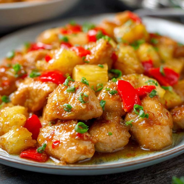 Brown sugar pineapple chicken baked with juicy pineapple chunks, caramelized glaze, and garnished with fresh herbs.