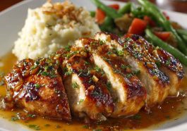 Outback Steakhouse Alice Springs Chicken topped with melted cheese, bacon, mushrooms, and honey mustard sauce served on a plate.