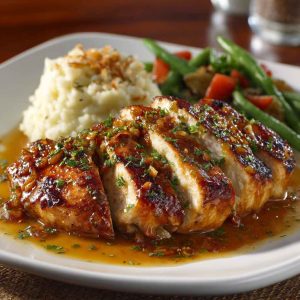 Outback Steakhouse Alice Springs Chicken topped with melted cheese, bacon, mushrooms, and honey mustard sauce served on a plate.