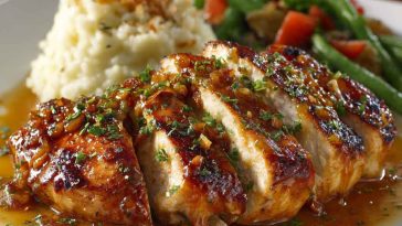 Outback Steakhouse Alice Springs Chicken topped with melted cheese, bacon, mushrooms, and honey mustard sauce served on a plate.