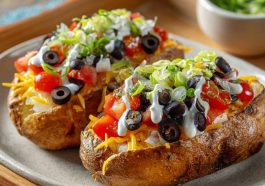 A baked potato topped with seasoned taco meat, melted cheese, sour cream, salsa, and fresh cilantro.