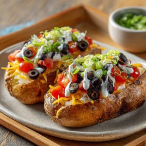A baked potato topped with seasoned taco meat, melted cheese, sour cream, salsa, and fresh cilantro.