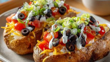 A baked potato topped with seasoned taco meat, melted cheese, sour cream, salsa, and fresh cilantro.