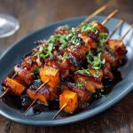 Candied sweet potato and bacon skewers glazed with a sticky brown sugar sauce, roasted until caramelized and crispy, served on wooden skewers.