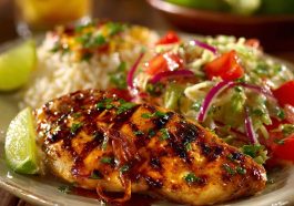 Applebee’s Fiesta Lime Chicken with grilled chicken breast topped with melted cheese, fiesta lime sauce, and fresh vegetables on a plate.