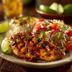 Applebee’s Fiesta Lime Chicken with grilled chicken breast topped with melted cheese, fiesta lime sauce, and fresh vegetables on a plate.