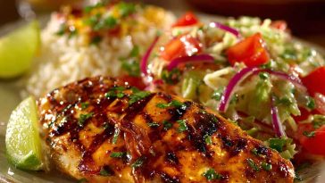 Applebee’s Fiesta Lime Chicken with grilled chicken breast topped with melted cheese, fiesta lime sauce, and fresh vegetables on a plate.