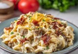 Creamy Alfredo pasta loaded with ground beef, crispy bacon, and melted cheese, garnished with herbs in a skillet.