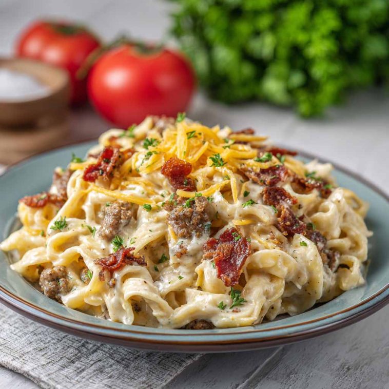 Creamy Alfredo pasta loaded with ground beef, crispy bacon, and melted cheese, garnished with herbs in a skillet.
