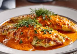 Flaky tilapia fillets in a rich roasted red pepper sauce, garnished with herbs and served in a skillet for a quick and flavorful meal.