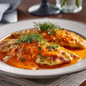 Flaky tilapia fillets in a rich roasted red pepper sauce, garnished with herbs and served in a skillet for a quick and flavorful meal.