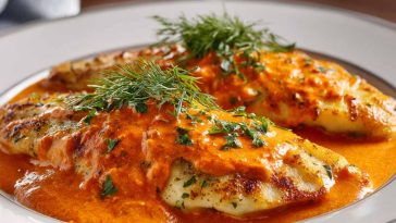Flaky tilapia fillets in a rich roasted red pepper sauce, garnished with herbs and served in a skillet for a quick and flavorful meal.
