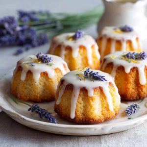Mini lemon cakes topped with a delicate lavender glaze, soft and moist with a light floral finish, served on a dessert plate.