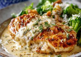 A skillet of creamy Asiago chicken served with a rich garlic cream sauce, garnished with fresh herbs.