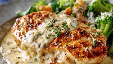 A skillet of creamy Asiago chicken served with a rich garlic cream sauce, garnished with fresh herbs.