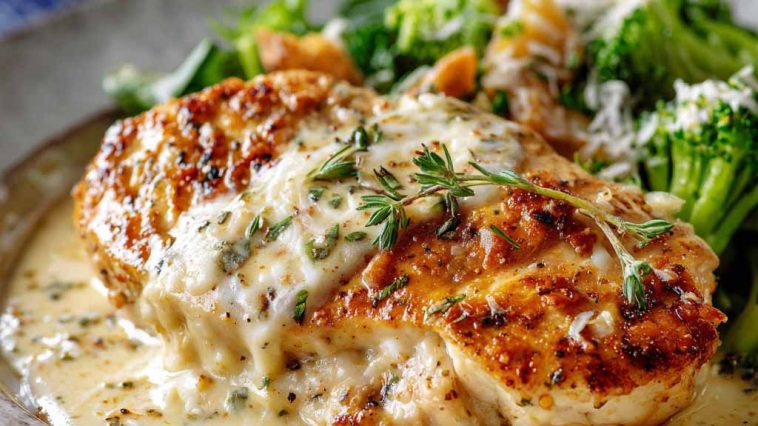 A skillet of creamy Asiago chicken served with a rich garlic cream sauce, garnished with fresh herbs.