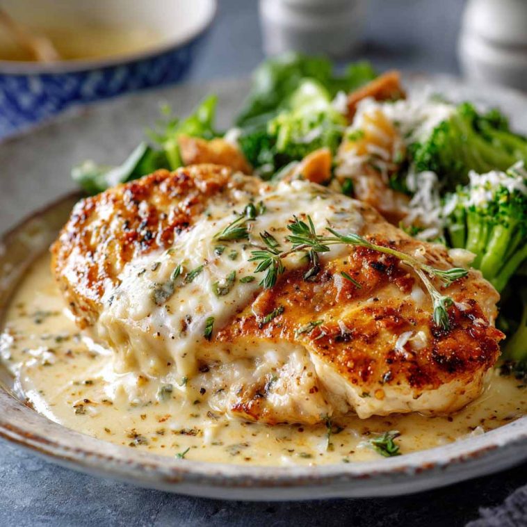 A skillet of creamy Asiago chicken served with a rich garlic cream sauce, garnished with fresh herbs.