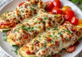 Keto Chicken Parmesan Zucchini Boats with tender chicken, melted cheese, and marinara sauce baked in zucchini halves.