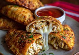 Golden crispy chicken Alfredo calzone filled with creamy Alfredo sauce, tender chicken, and melted mozzarella cheese.