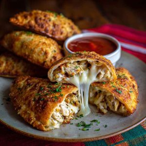 Golden crispy chicken Alfredo calzone filled with creamy Alfredo sauce, tender chicken, and melted mozzarella cheese.