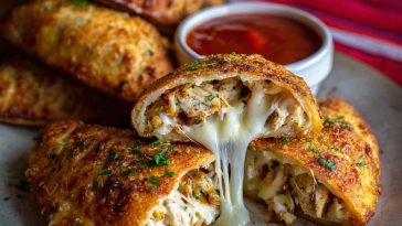 Golden crispy chicken Alfredo calzone filled with creamy Alfredo sauce, tender chicken, and melted mozzarella cheese.