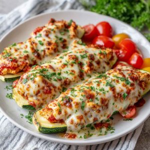 Keto Chicken Parmesan Zucchini Boats with tender chicken, melted cheese, and marinara sauce baked in zucchini halves.