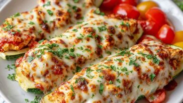 Keto Chicken Parmesan Zucchini Boats with tender chicken, melted cheese, and marinara sauce baked in zucchini halves.