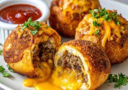 Golden cheesy taco bombs in the air fryer filled with seasoned ground beef and melted cheese, baked in biscuit dough until crispy and served with dipping sauce.