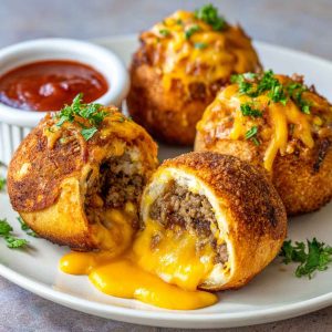 Golden cheesy taco bombs in the air fryer filled with seasoned ground beef and melted cheese, baked in biscuit dough until crispy and served with dipping sauce.