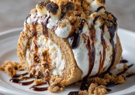 “A sliced ice cream roll filled with cookie dough, marshmallows, chocolate, and graham cracker pieces.”