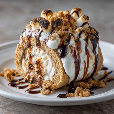 “A sliced ice cream roll filled with cookie dough, marshmallows, chocolate, and graham cracker pieces.”