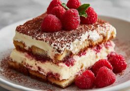 Fresh raspberry tiramisu layered with mascarpone cream, ladyfingers, and vibrant raspberries in a glass dish