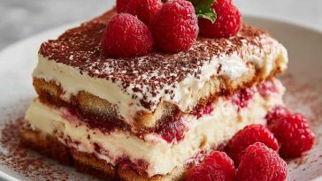 Fresh raspberry tiramisu layered with mascarpone cream, ladyfingers, and vibrant raspberries in a glass dish