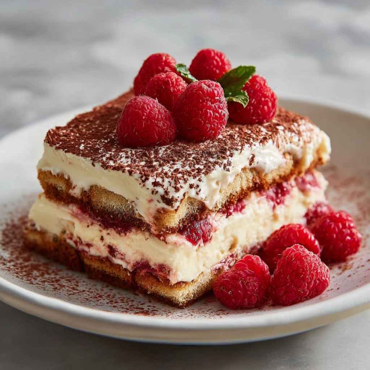 Fresh raspberry tiramisu layered with mascarpone cream, ladyfingers, and vibrant raspberries in a glass dish