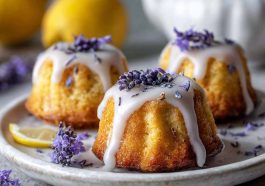 Mini lemon cakes topped with lavender glaze and fresh lemon zest on a dessert plate.