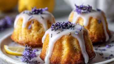 Mini lemon cakes topped with lavender glaze and fresh lemon zest on a dessert plate.