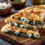 Golden Mediterranean quesadillas filled with fresh spinach, creamy feta cheese, and herbs, sliced and served on a wooden board.