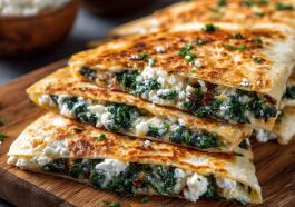 Golden Mediterranean quesadillas filled with fresh spinach, creamy feta cheese, and herbs, sliced and served on a wooden board.