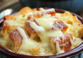Classic old fashioned bread pudding topped with creamy vanilla sauce, served warm in a rustic dish.