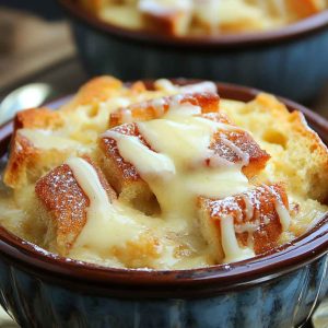 Classic old fashioned bread pudding topped with creamy vanilla sauce, served warm in a rustic dish.