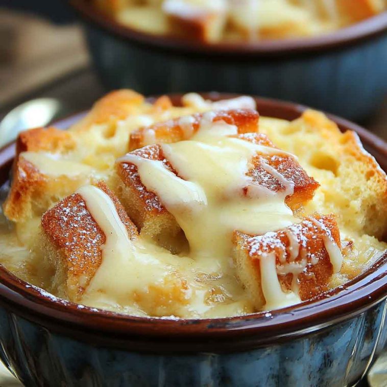 Classic old fashioned bread pudding topped with creamy vanilla sauce, served warm in a rustic dish.