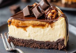 Decadent caramel brownie cheesecake topped with rich caramel drizzle and chocolate chunks, served on a dessert plate.
