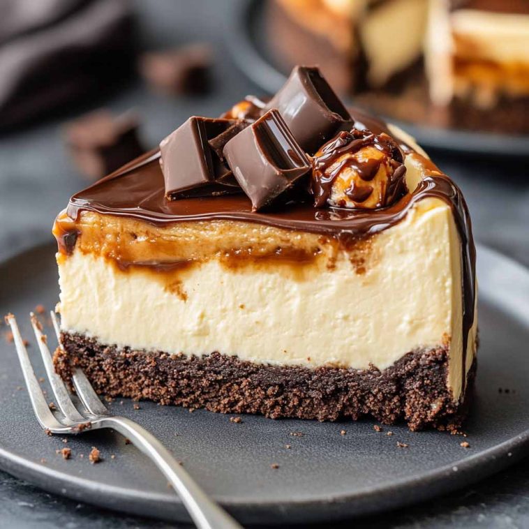Decadent caramel brownie cheesecake topped with rich caramel drizzle and chocolate chunks, served on a dessert plate.