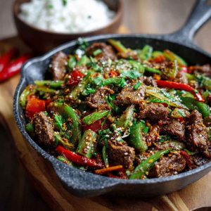 Spicy cumin lamb stir fry with peppers and onions in a wok