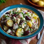 Colorful olive Greek potato salad with red potatoes, Kalamata olives, cucumbers, tomatoes, and feta cheese tossed in lemon‑herb dressing.